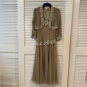 J Kara Taupe Dress with Silver Floral Details